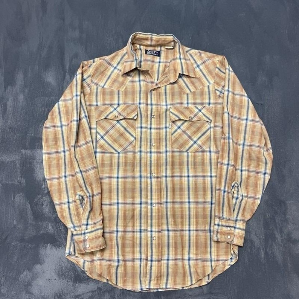 Vintage Levi's Plaid Button Up Shirt Mens Medium Beige 1980s Pearl Snap Western